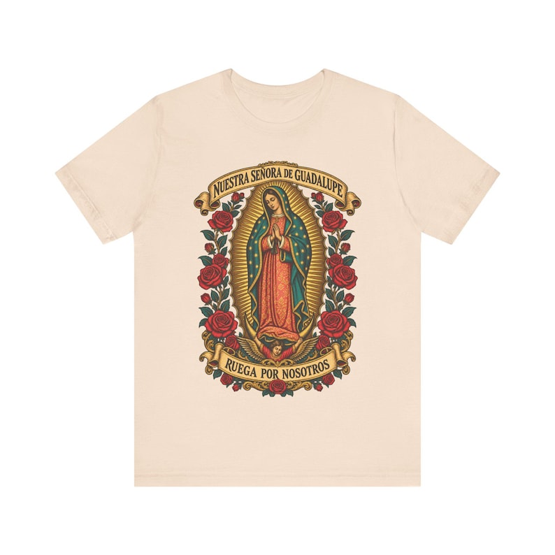 Guadalupe Shirt, La Guadalupana Ornate Virgen Morena Tee, Ruega por Nosotros, Our Lady of Tepeyac Holy Card Art, Mexican Gift for Mom image 4
