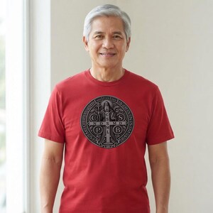 Silver St Benedict Medal Shirt, Engraved Monk Holding Crucifix Tee, CSPB Vade Retro Satana Emblem, Catholic Protection Gift, OSB Oblate image 1