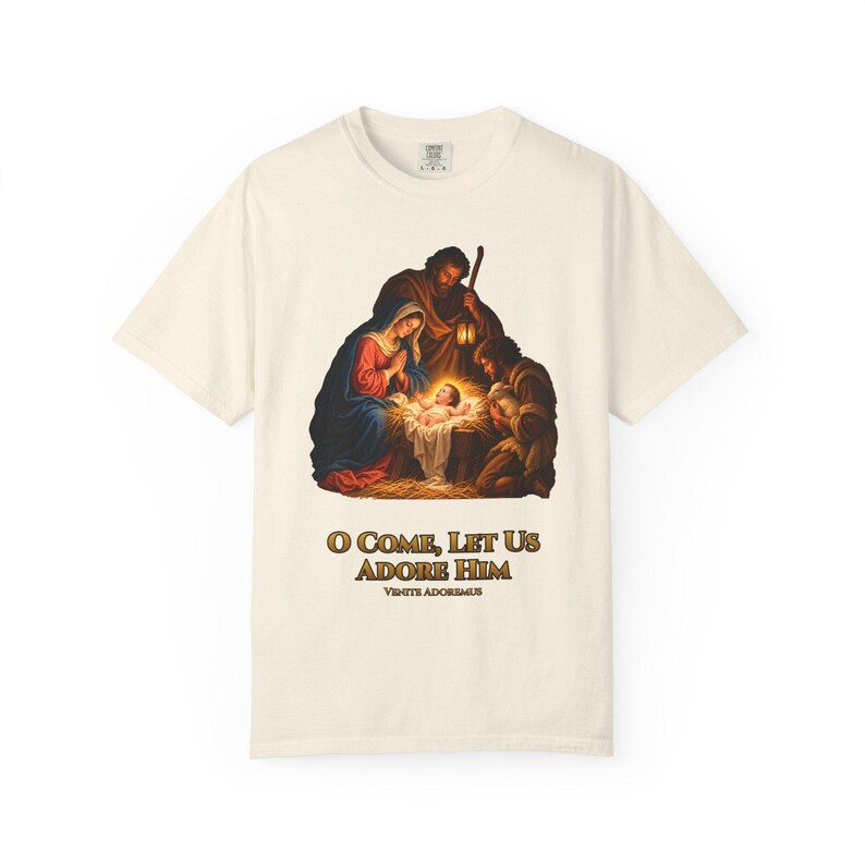 O Come Let Us Adore Him Comfort Colors Shirt | Catholic Christmas Nativity T-Shirt | Christmas Gift | Holy Family at the Manger image 2