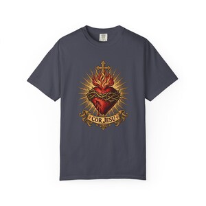 Sacred Heart Sunburst Tee, Cor Jesu Blazing Golden Rays, Crown of Thorns Catholic Religious Gift for Him or Her, Comfort Colors image 9