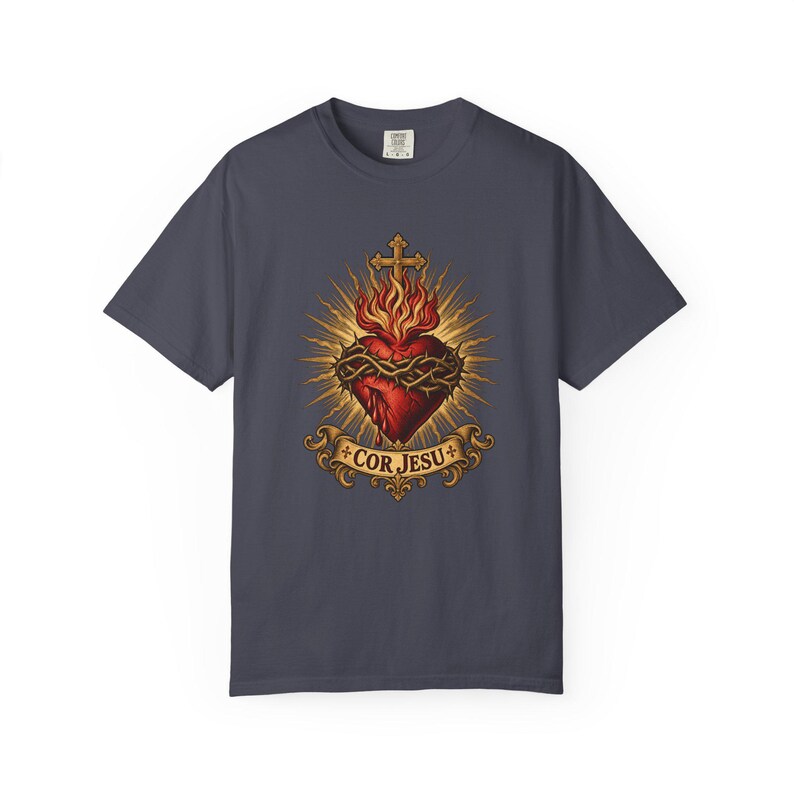 Sacred Heart Sunburst Tee, Cor Jesu Blazing Golden Rays, Crown of Thorns Catholic Religious Gift for Him or Her, Comfort Colors image 9