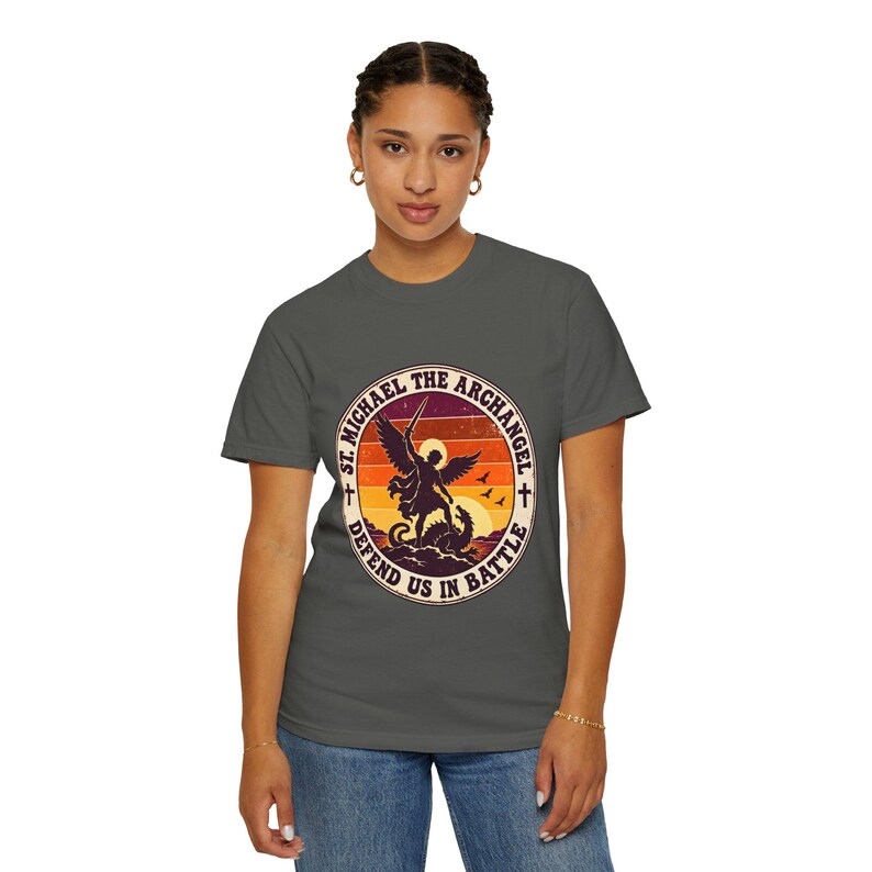 Retro St Michael Badge Tee, Defend Us in Battle Sunset, Archangel Slaying Dragon, Vintage Catholic Shirt, Men's Gift, Comfort Colors image 9