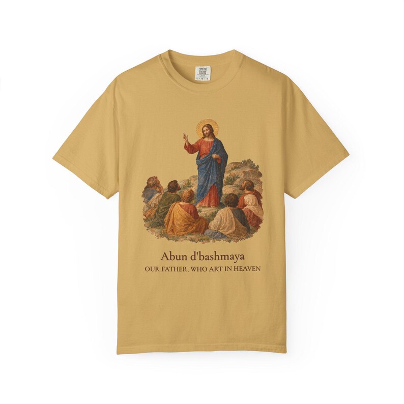 Arameisk Herrens bön komfortfärger T-shirt | Vår Fader arameisk T-shirt | Bergspredikan katolsk kristen T-shirt bild 7