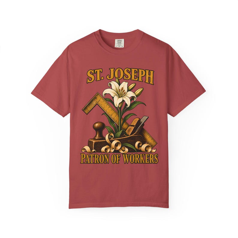 T-shirt met afbeelding van Sint Jozef, beschermheilige van de arbeiders | T-shirt in comfortabele kleuren | Katholiek T-shirt | Cadeau voor papa | Timmermansgereedschap en lelie afbeelding 14