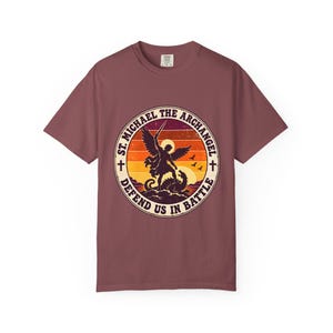 Retro St Michael Badge Tee, Defend Us in Battle Sunset, Archangel Slaying Dragon, Vintage Catholic Shirt, Men's Gift, Comfort Colors image 2