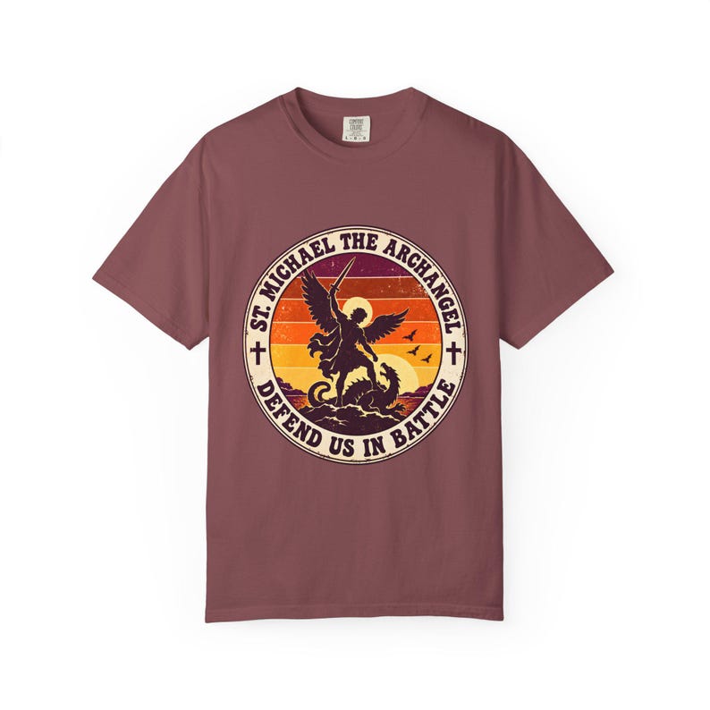 Retro St Michael Badge Tee, Defend Us in Battle Sunset, Archangel Slaying Dragon, Vintage Catholic Shirt, Men's Gift, Comfort Colors image 2