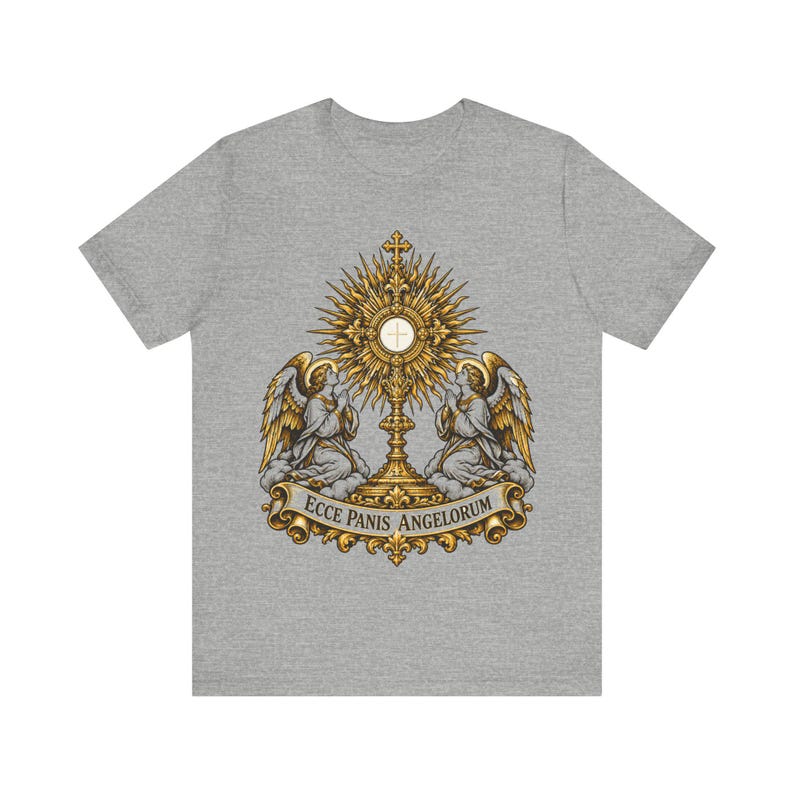 Ecce Panis Angelorum Shirt, Eucharistic Adoration Monstrance Tee, First Communion Gift, Holy Hour Bread of Angels, Catholic Revival Apparel image 1