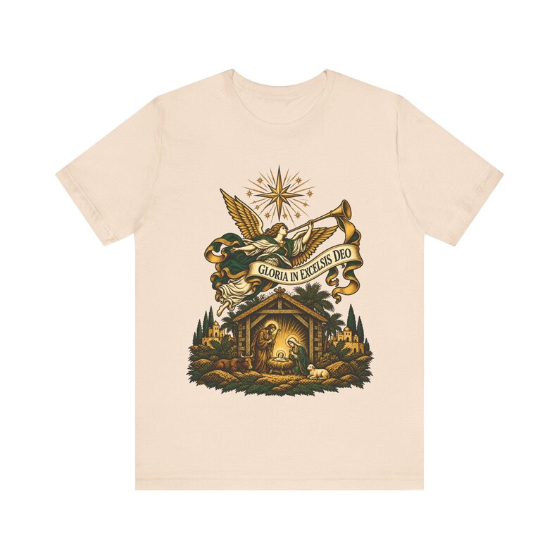 Christmas Angel Shirt, Gloria in Excelsis Deo Herald Tee, Vintage Nativity Art, Christian Gift for Choir, Bethlehem Star, Catholic Holiday image 2