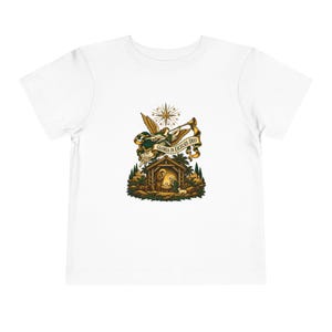 Camiseta infantil con trompeta de ángel heraldo, Gloria a Dios en las alturas, Camiseta navideña, Regalo cristiano de Navidad para niños pequeños, Natividad imagen 1