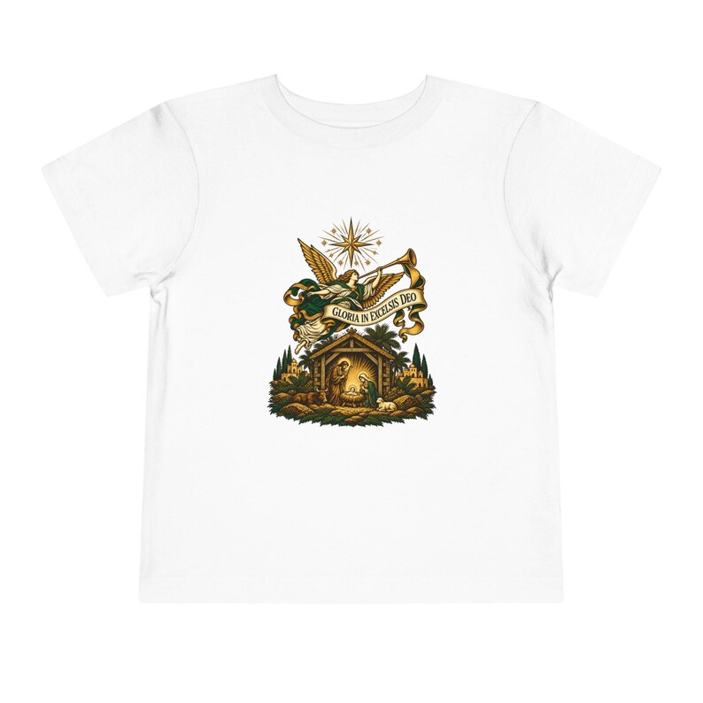 Camiseta infantil con trompeta de ángel heraldo, Gloria a Dios en las alturas, Camiseta navideña, Regalo cristiano de Navidad para niños pequeños, Natividad imagen 1