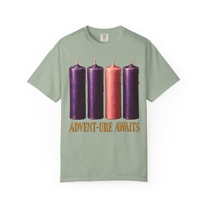 Advent-ure Awaits Comfort Colors Shirt | Catholic Advent T-Shirt | Gift for Catholic Family | Three Purple and One Rose Candle image 4