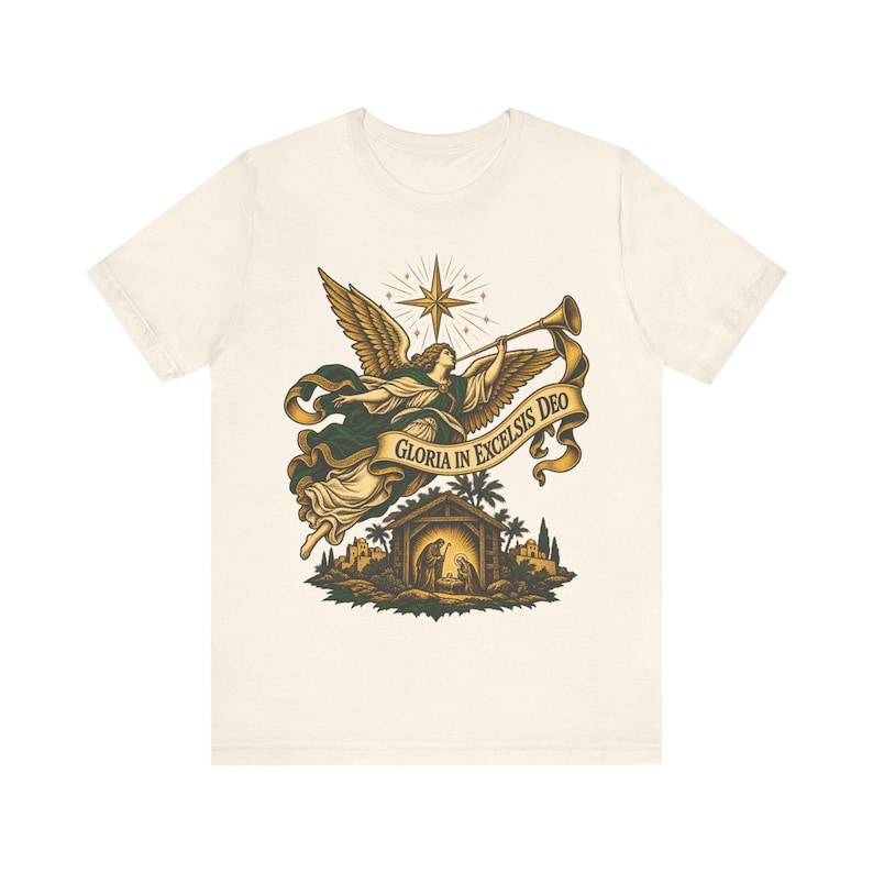 Gloria in Excelsis Deo Shirt, Catholic Christmas Nativity Tee, Herald Angel Trumpet and Star of Bethlehem, Christian Holiday Gift for Choir image 4