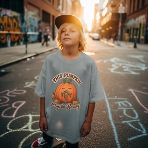 Youth Catholic Halloween Shirt, Pumpkin Prays Rosary, Fall Harvest Gift image 1