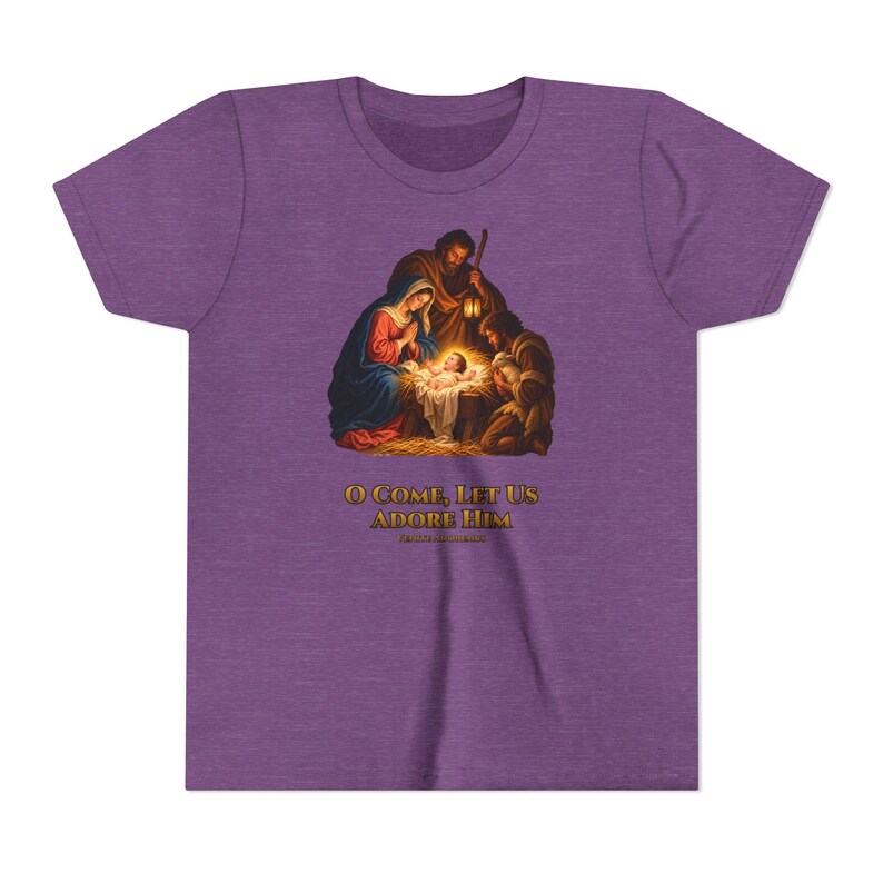 Kids O Come Let Us Adore Him Shirt, Youth Nativity Christmas Tee, Catholic Christmas Gift for Kids, Holy Family Venite Adoremus image 18