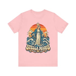Stella Maris Shirt, Our Lady Star of the Sea Tee, Retro Catholic Beach Apparel, Virgin Mary Coastal Gift, Lighthouse and Sailboat Art image 4