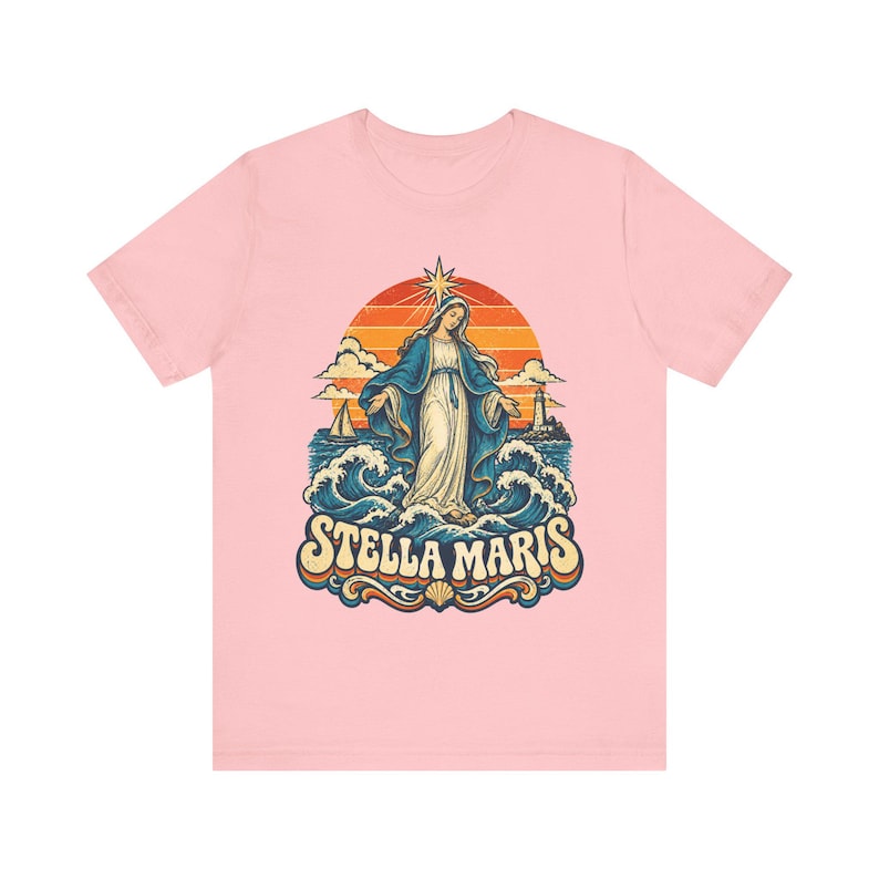 Stella Maris Shirt, Our Lady Star of the Sea Tee, Retro Catholic Beach Apparel, Virgin Mary Coastal Gift, Lighthouse and Sailboat Art image 4