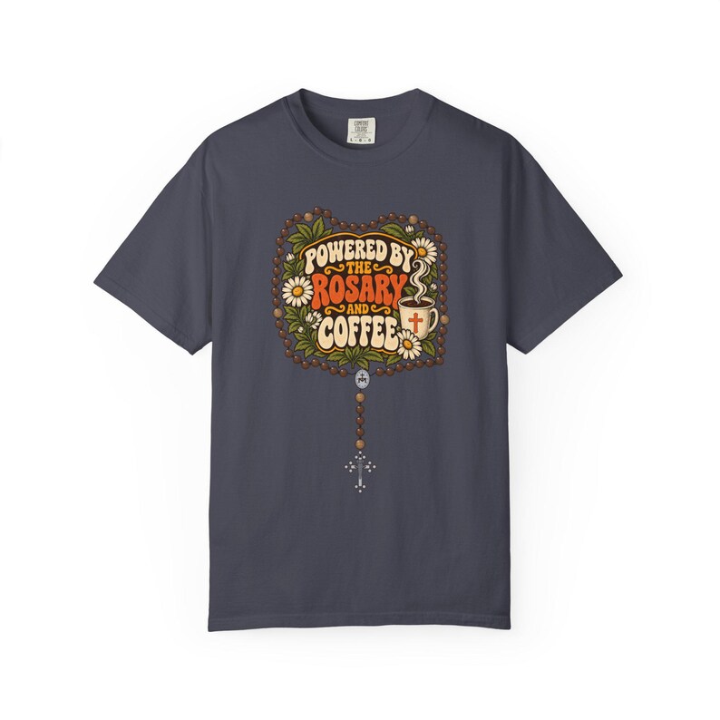 Funny Rosary and Coffee Tee, Retro Catholic Mom Gift, Caffeine Prayer Top for Women, Christian Humor Apparel for Teachers, Comfort Colors image 9