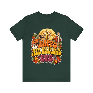 Catholic Halloween Tee, Retro Groovy All Hallows Eve Shirt, Cross Moon Ghost (Adults) image 5