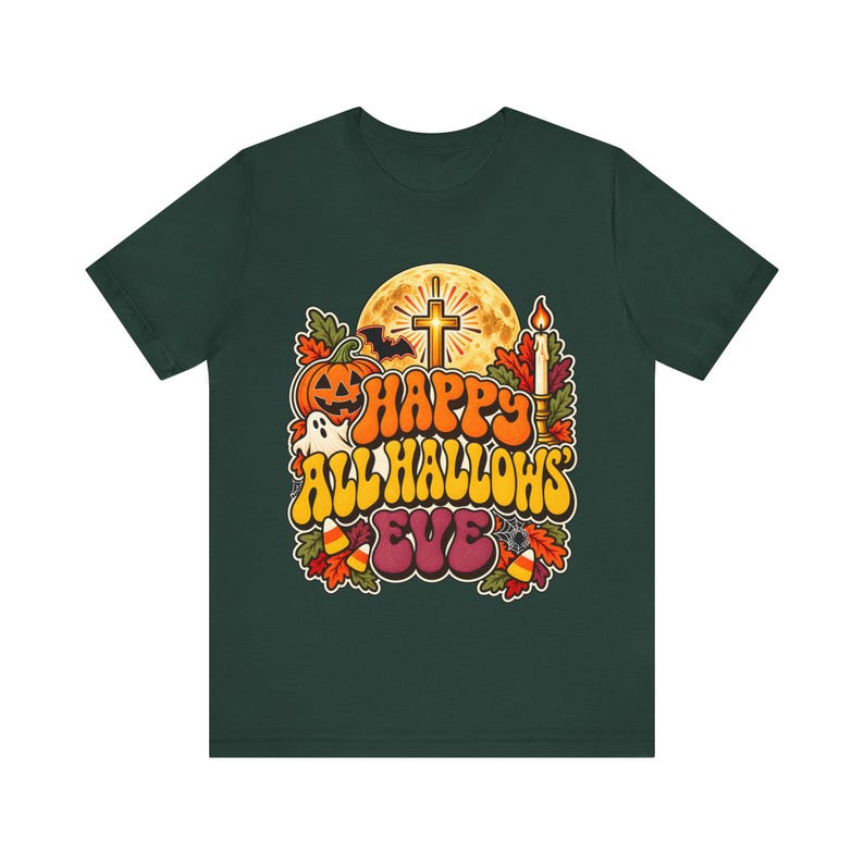 Catholic Halloween Tee, Retro Groovy All Hallows Eve Shirt, Cross Moon Ghost (Adults) image 5
