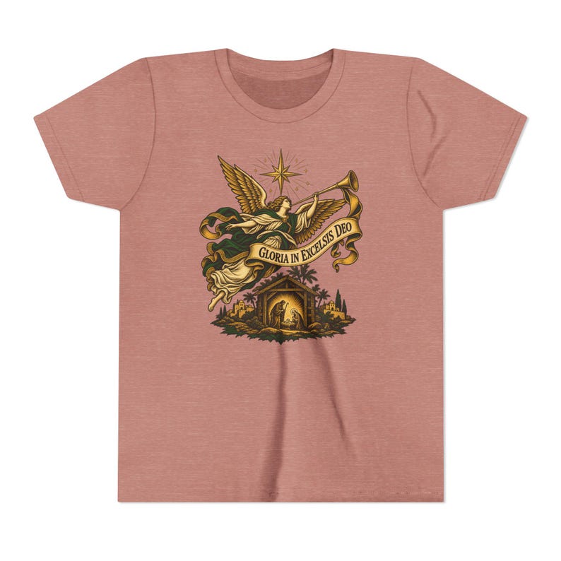 Camiseta infantil del Ángel de la Natividad, Camiseta juvenil Gloria in Excelsis Deo, Regalo católico de Navidad para niños, Representación navideña de la Estrella de Belén imagen 3