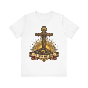 Ave Crux Spes Unica Shirt, Hail the Cross Our Only Hope Tee, Latin Crucifix with INRI, Lenten Gift for Catholic Men, Good Friday Apparel image 3