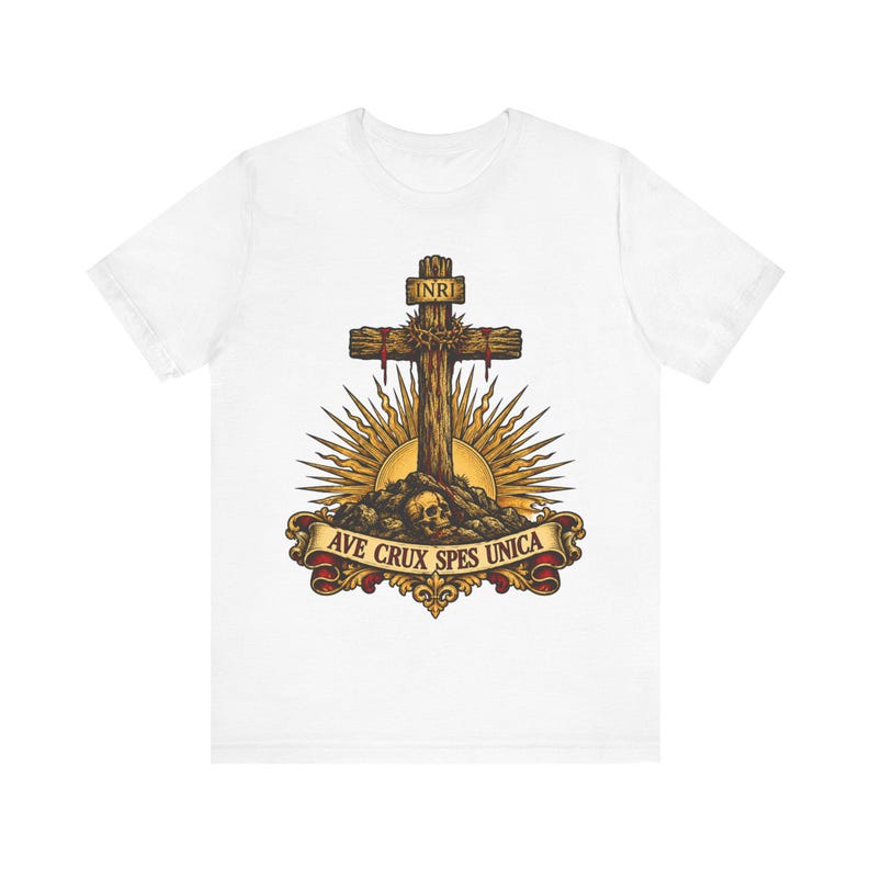 Ave Crux Spes Unica Shirt, Hail the Cross Our Only Hope Tee, Latin Crucifix with INRI, Lenten Gift for Catholic Men, Good Friday Apparel image 3