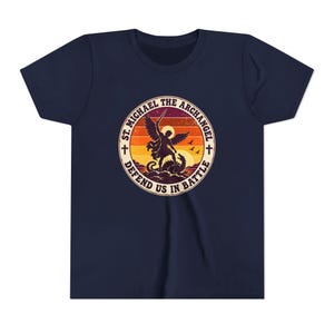 Kids Retro St Michael Badge Shirt, Youth Defend Us in Battle Tee, Catholic Boys Gift, Archangel Slaying Dragon Sunset image 18