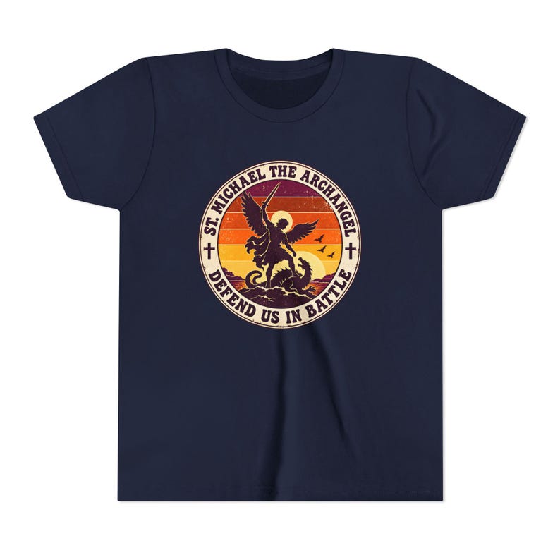Kids Retro St Michael Badge Shirt, Youth Defend Us in Battle Tee, Catholic Boys Gift, Archangel Slaying Dragon Sunset image 18
