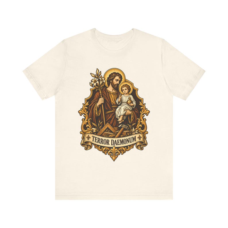 St Joseph Shirt | Catholic T-Shirt | Gift for Dad or Godfather | Terror of Demons with Child Jesus and Lily image 4