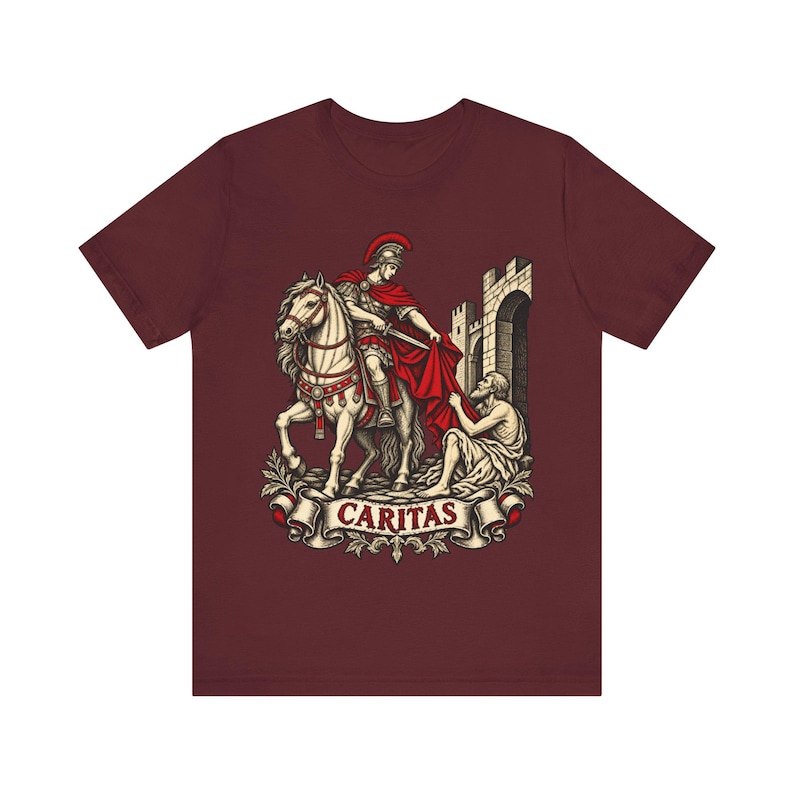 Camiseta de San Martín de Tours, Soldado romano compartiendo su capa, Camiseta Caritas, Regalo del santo patrón católico para hombres, Fiesta de San Martín 11 de noviembre imagen 8