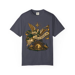 Nativity Angel Tee, Gloria in Excelsis Deo Trumpet, Christian Christmas Gift for Parents, Star of Bethlehem Holy Family Art, Comfort Colors image 8