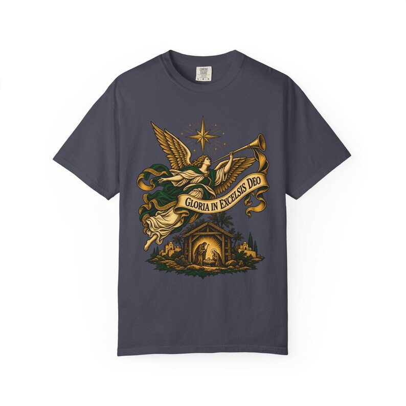 Nativity Angel Tee, Gloria in Excelsis Deo Trumpet, Christian Christmas Gift for Parents, Star of Bethlehem Holy Family Art, Comfort Colors image 8