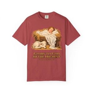 Glory to God in the Highest Comfort Colors Shirt | Catholic Christmas Nativity T-Shirt | Christmas Gift | Christ Child with Lamb image 12