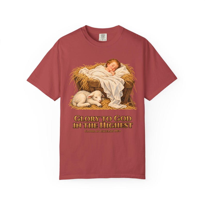 Glory to God in the Highest Comfort Colors Shirt | Catholic Christmas Nativity T-Shirt | Christmas Gift | Christ Child with Lamb image 12