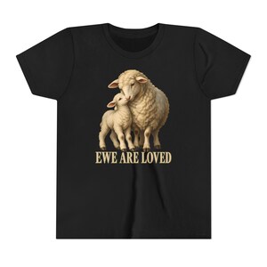 Kids Ewe Are Loved Shirt, Youth Lamb Tee, Sweet Christian Gift for Kids, Vintage Ewe and Lamb Painting image 3