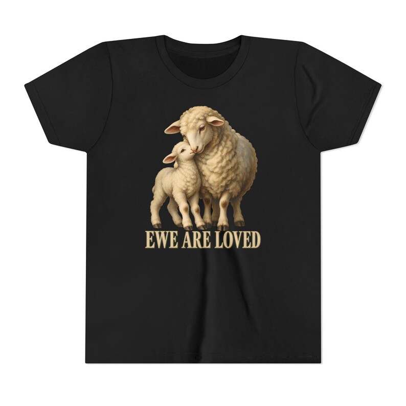 Kids Ewe Are Loved Shirt, Youth Lamb Tee, Sweet Christian Gift for Kids, Vintage Ewe and Lamb Painting image 3