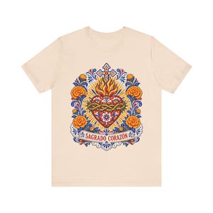 Sacred Heart Shirt, Sagrado Corazón Mexican Folk Art Tee, Talavera Style Catholic Gift for Latina Women, Regalo Católico, Hispanic Faith image 6