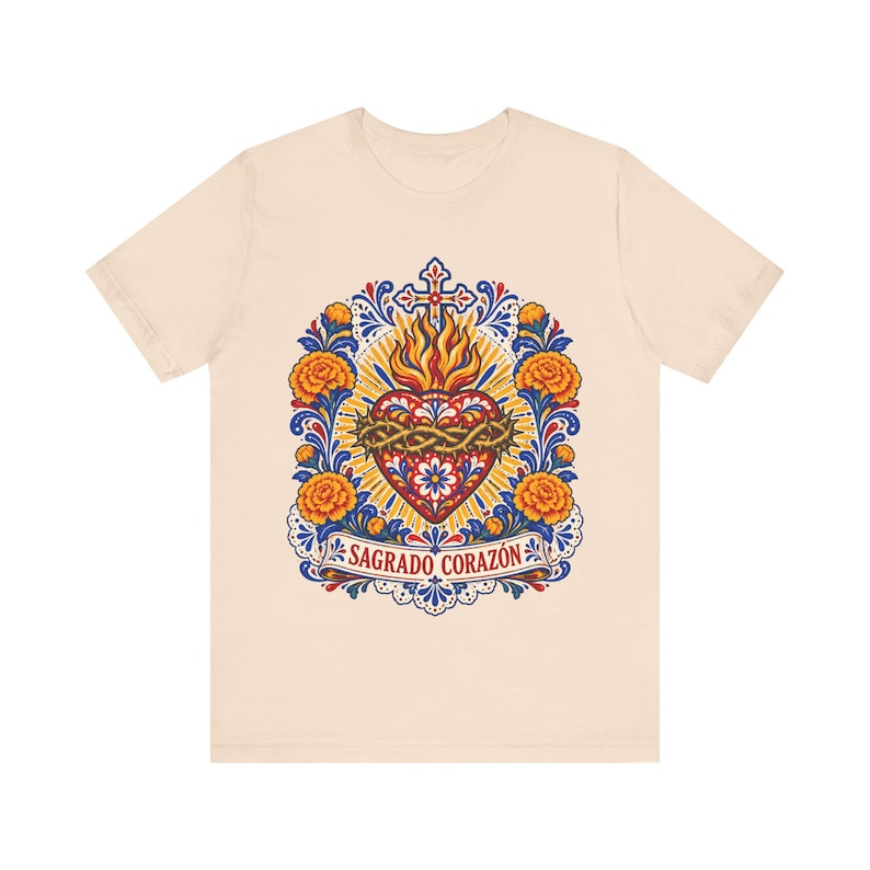 Sacred Heart Shirt, Sagrado Corazón Mexican Folk Art Tee, Talavera Style Catholic Gift for Latina Women, Regalo Católico, Hispanic Faith image 6