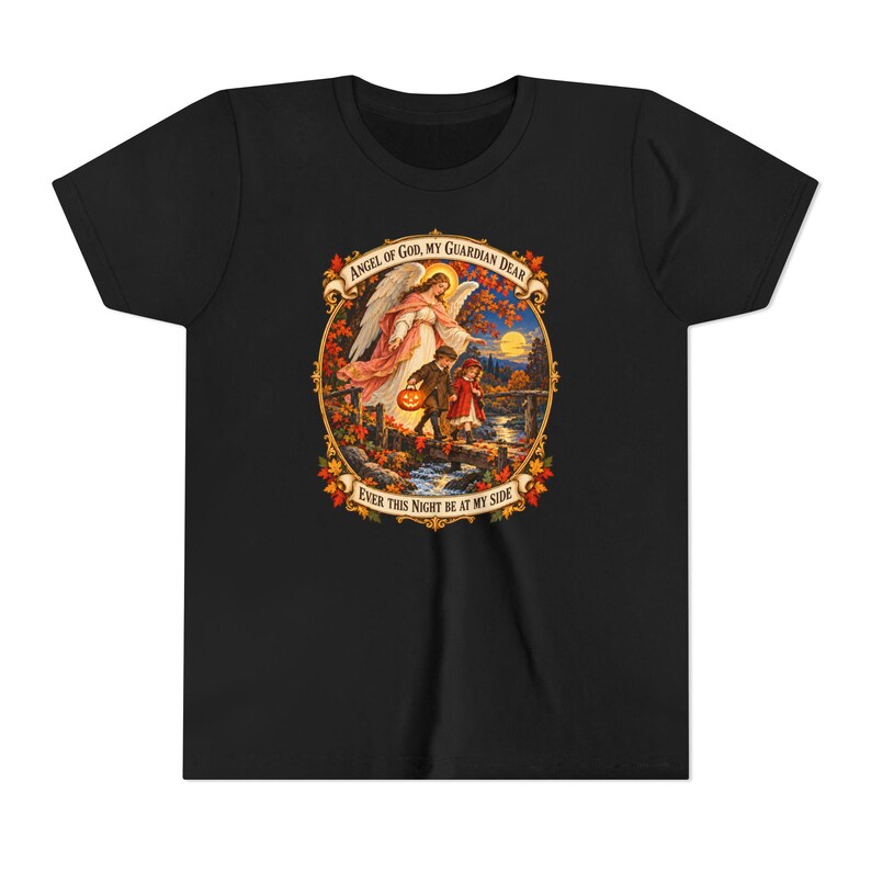 Camiseta infantil con la oración del Ángel de Dios, camiseta juvenil del Ángel Guardián, regalo católico para niños "Mi querido Guardián", arte vintage de puente otoñal. imagen 5