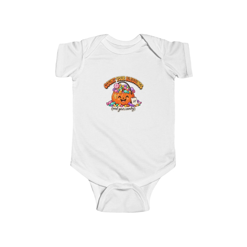 Baby Halloween-body, Räkna dina välsignelser, godispumpa, rolig kristen första Halloween-present, katolsk spädbarnsbody bild 1