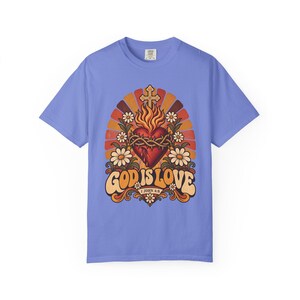 Retro Bible Verse Tee, 1 John 4 8 Sacred Heart Sunburst, Vintage Christian Gift for Mom, Boho Floral Scripture Apparel, Comfort Colors image 7