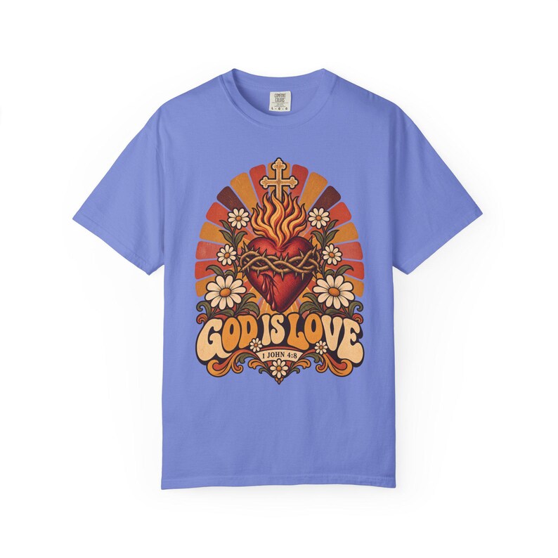 Retro Bible Verse Tee, 1 John 4 8 Sacred Heart Sunburst, Vintage Christian Gift for Mom, Boho Floral Scripture Apparel, Comfort Colors image 7