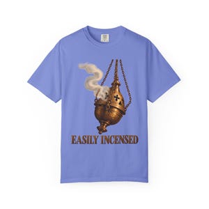 Easily Incensed Comfort Colors Shirt | Funny Catholic T-Shirt | Gift for Altar Server | Vintage Thurible with Smoke image 3