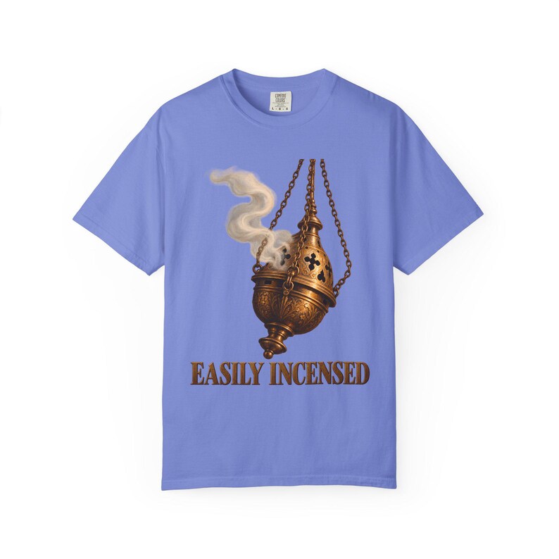 Easily Incensed Comfort Colors Shirt | Funny Catholic T-Shirt | Gift for Altar Server | Vintage Thurible with Smoke image 3