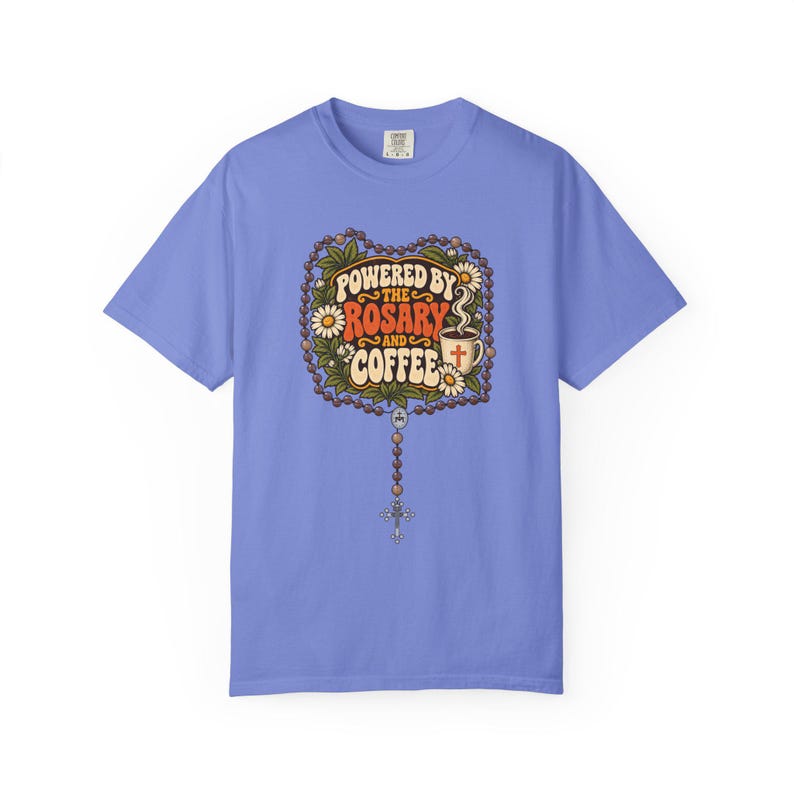 Funny Rosary and Coffee Tee, Retro Catholic Mom Gift, Caffeine Prayer Top for Women, Christian Humor Apparel for Teachers, Comfort Colors image 4
