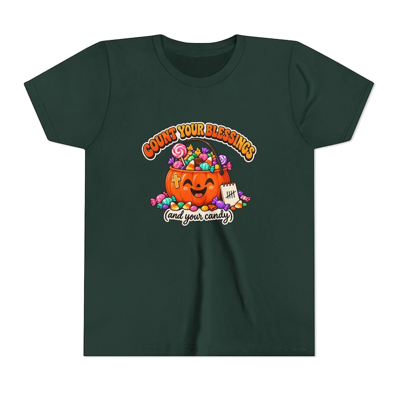 Camiseta cristã de Halloween, abóbora de doces "Conte suas bênçãos", camiseta juvenil de outono imagem 3