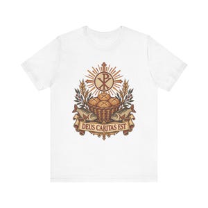Deus Caritas Est Shirt, Loaves and Fishes Mosaic Tee, Chi Rho Early Christian Art, Catholic Volunteer Gift, Ichthys Fish and Bread Apparel image 3