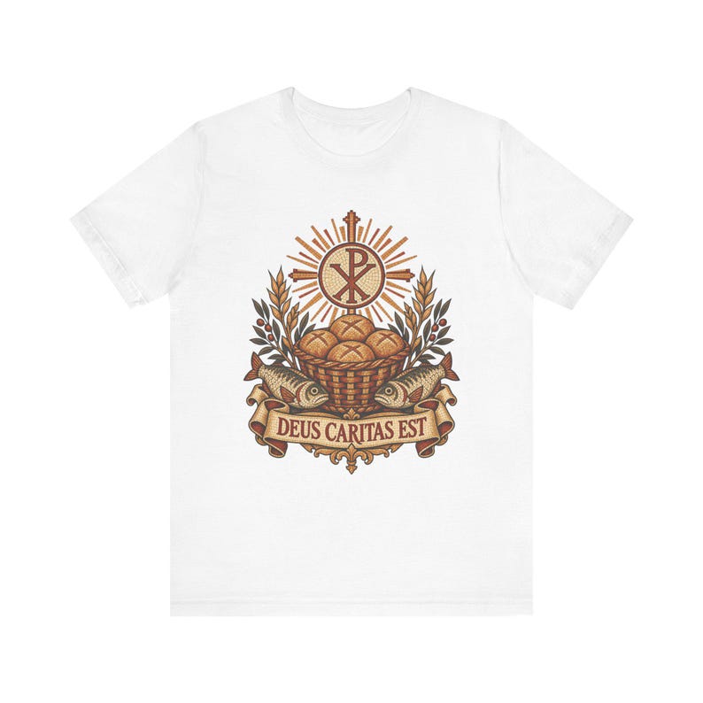 Deus Caritas Est Shirt, Loaves and Fishes Mosaic Tee, Chi Rho Early Christian Art, Catholic Volunteer Gift, Ichthys Fish and Bread Apparel image 3