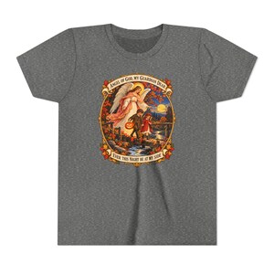 Camiseta infantil con la oración del Ángel de Dios, camiseta juvenil del Ángel Guardián, regalo católico para niños "Mi querido Guardián", arte vintage de puente otoñal. imagen 4
