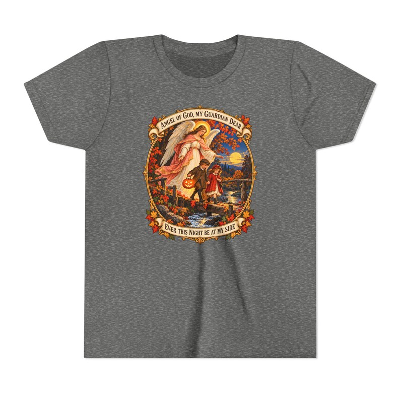 Camiseta infantil con la oración del Ángel de Dios, camiseta juvenil del Ángel Guardián, regalo católico para niños "Mi querido Guardián", arte vintage de puente otoñal. imagen 4